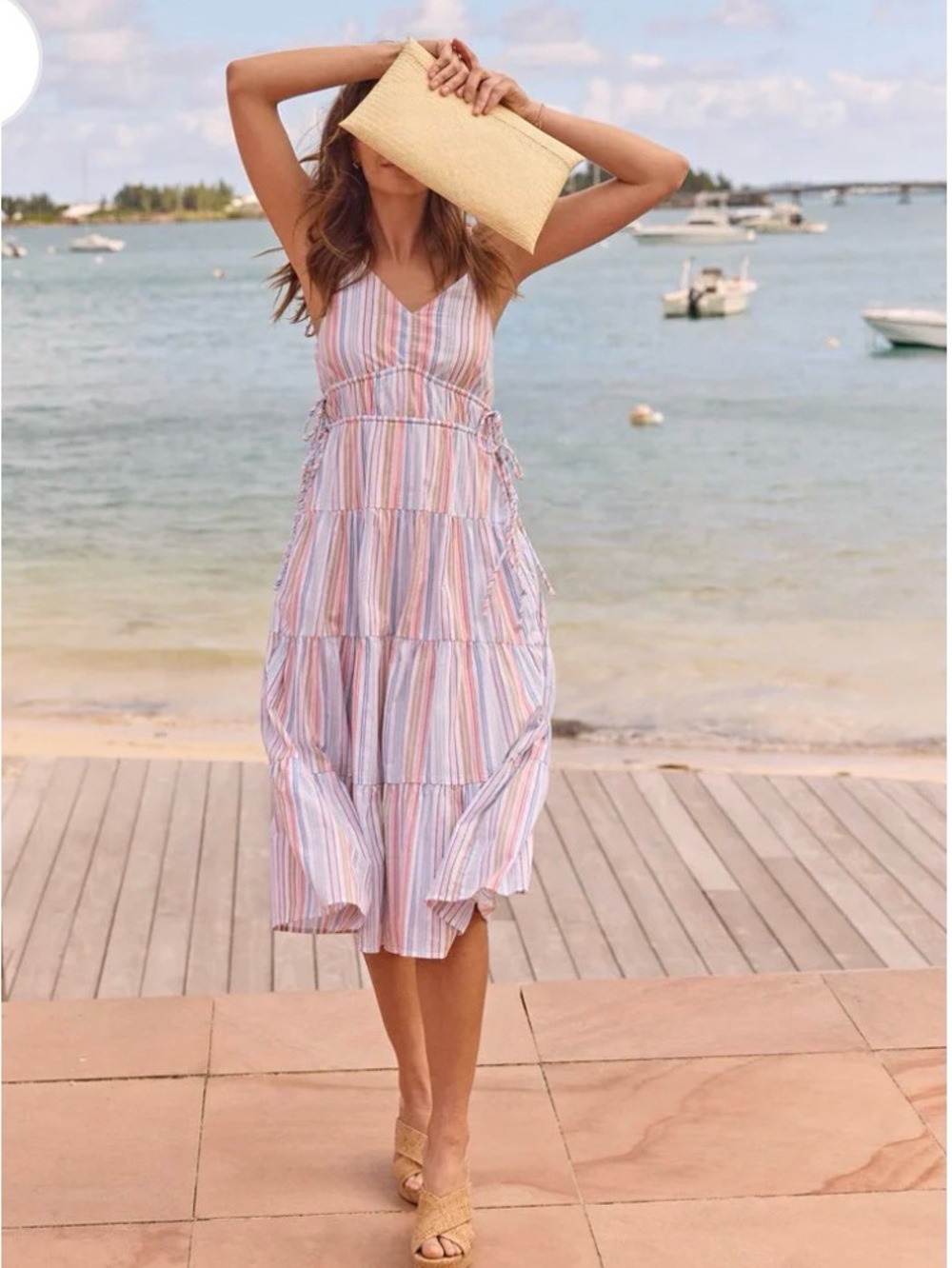 Southern Tide Raquel Stripe Midi Dress Boat Blue Tiered Cotton Dress Pockets